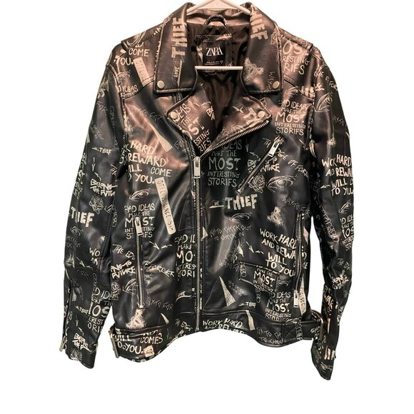 Rare ZARA Womens XL Black Faux Leather Graphic Graffiti Biker Jacket with Zipper - Picture 1 of 11